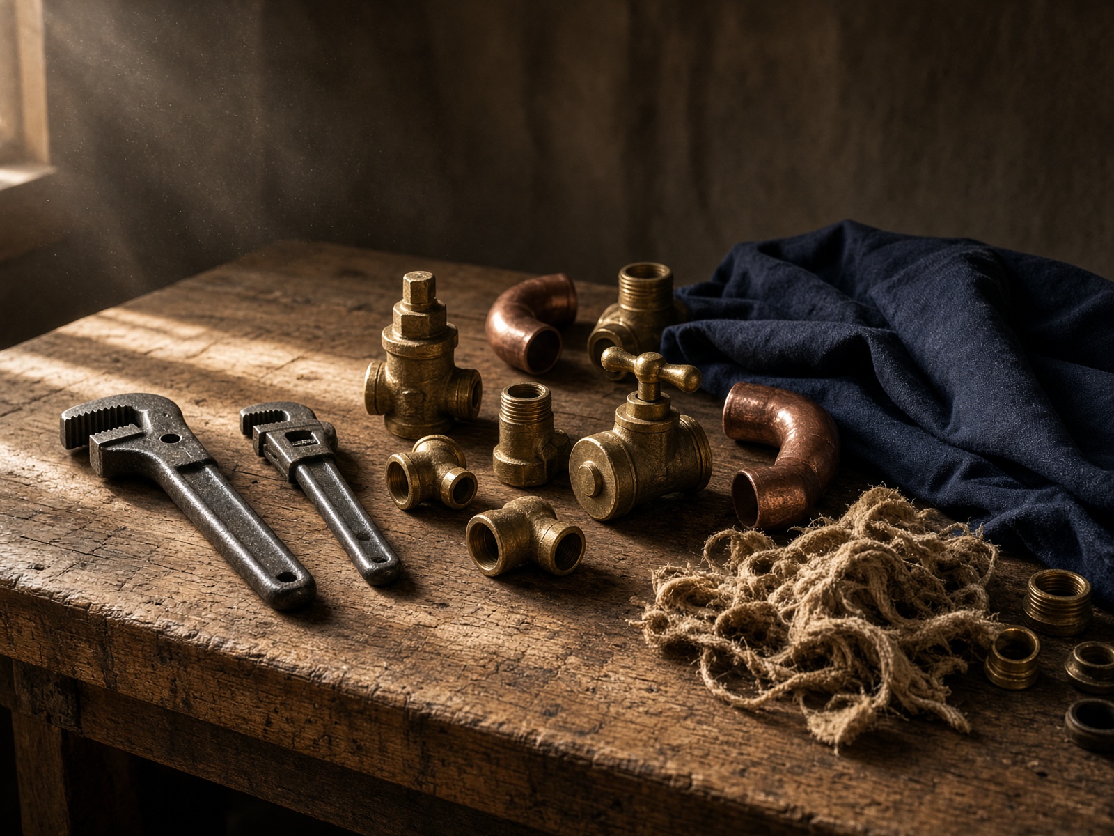 Pipe wrenches, brass valves, and copper fittings on a worn wooden workbench