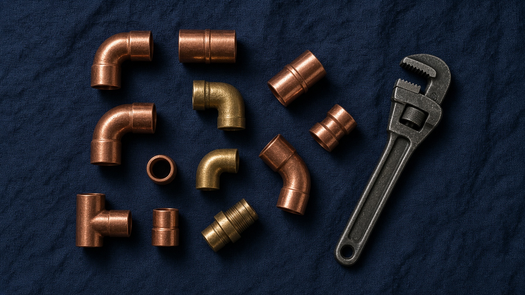 Copper and brass plumbing fittings arranged on navy linen beside a pipe wrench