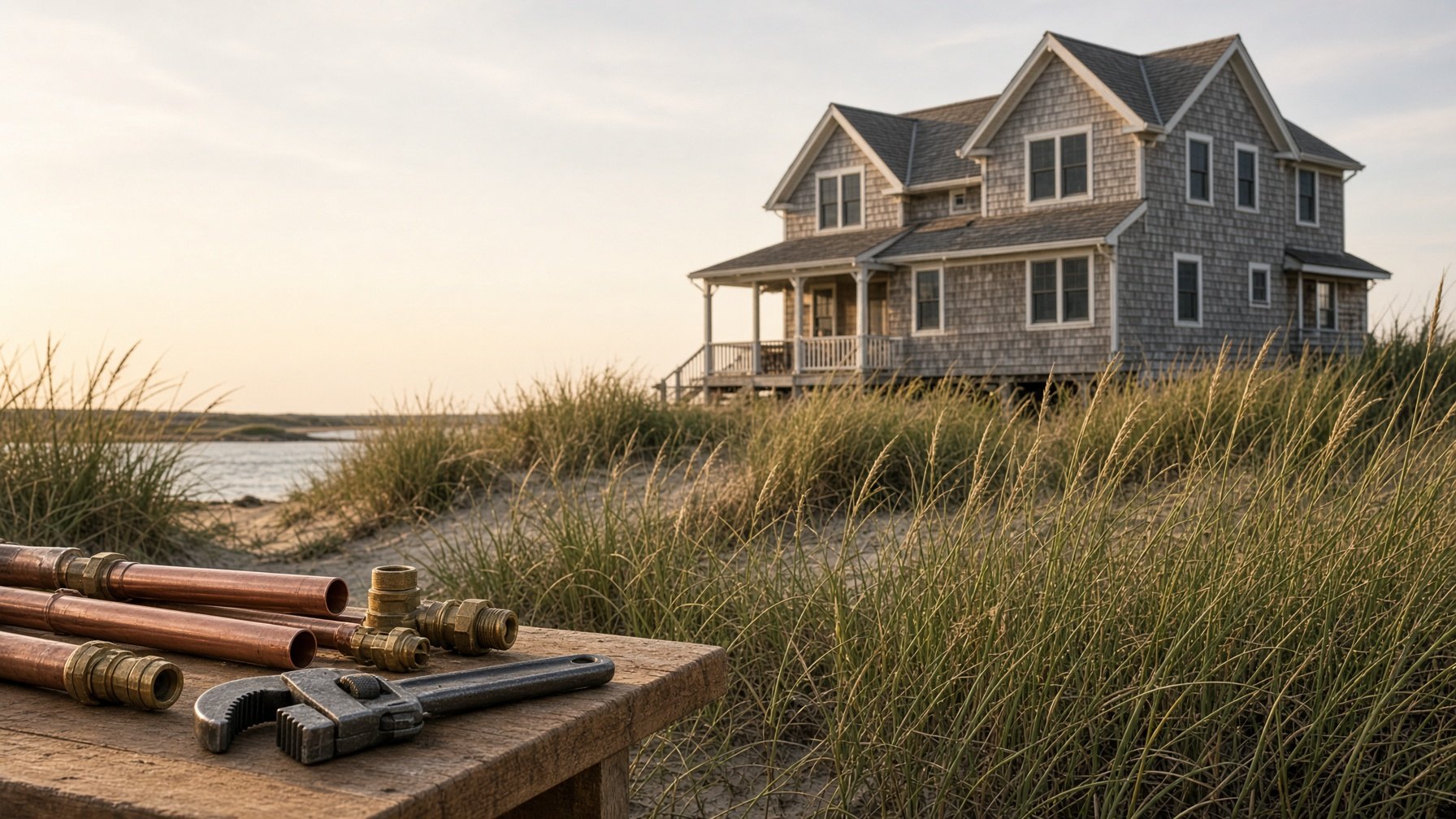 Cedar-shake house and dune grass on the Ocean City, Maryland shore