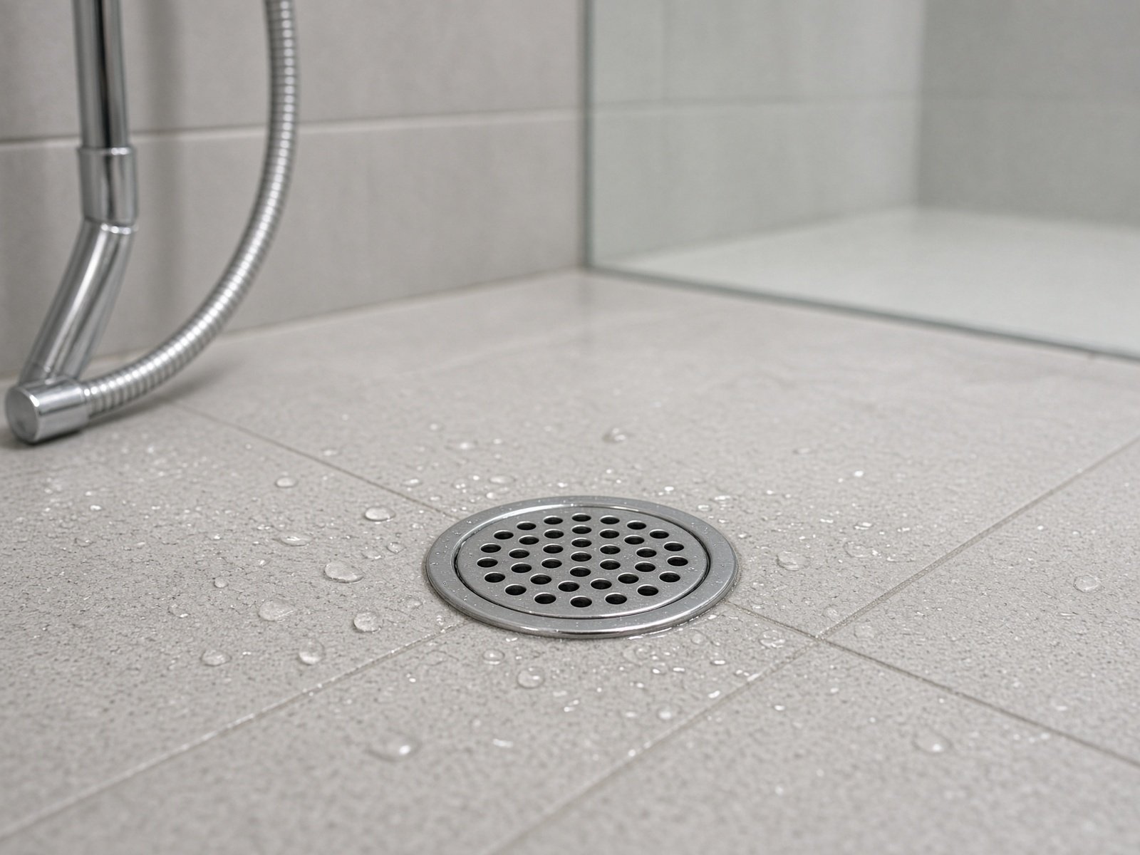 Shower drain on a tiled bathroom floor
