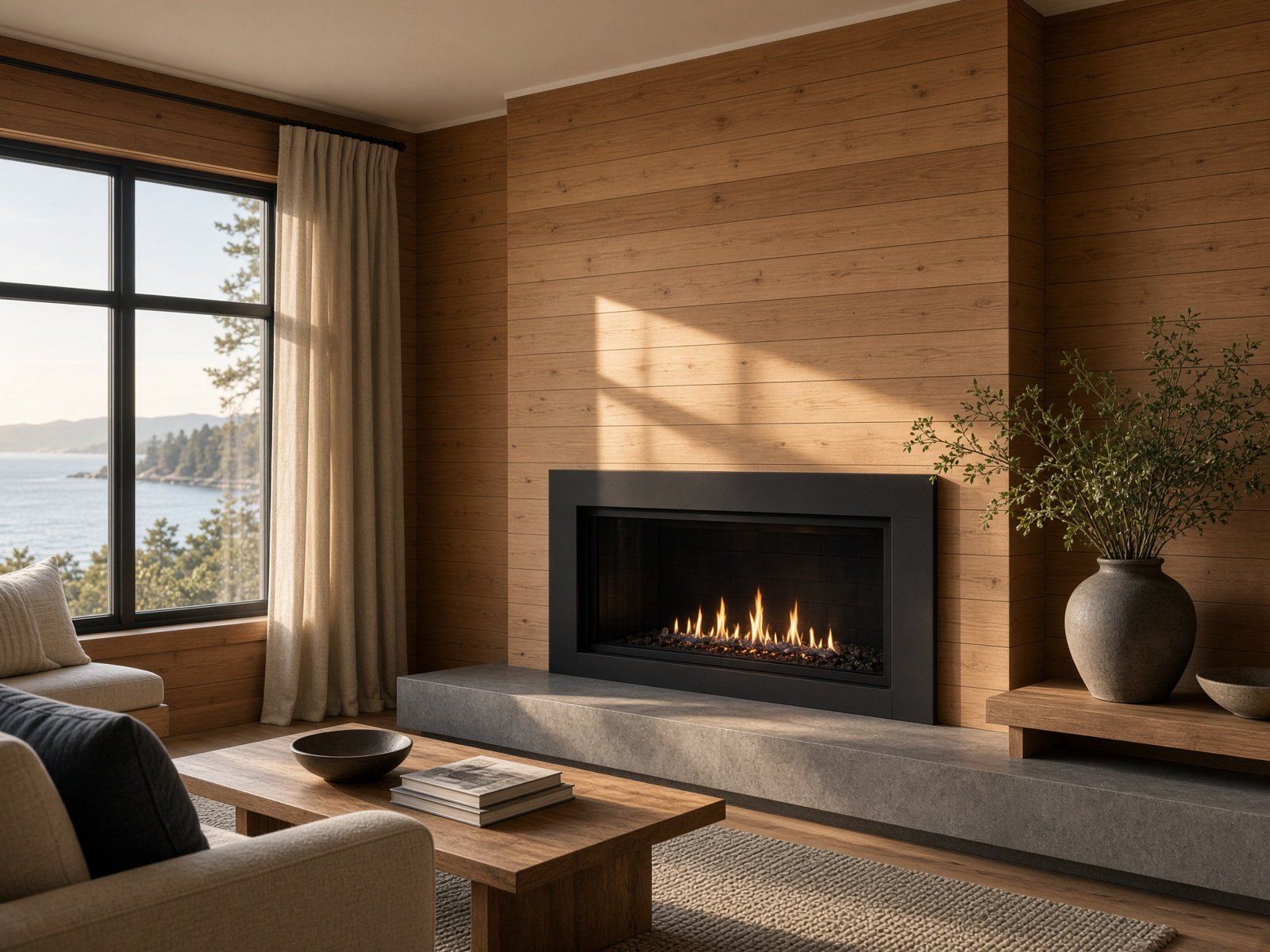 Gas fireplace with a black surround and a low flame