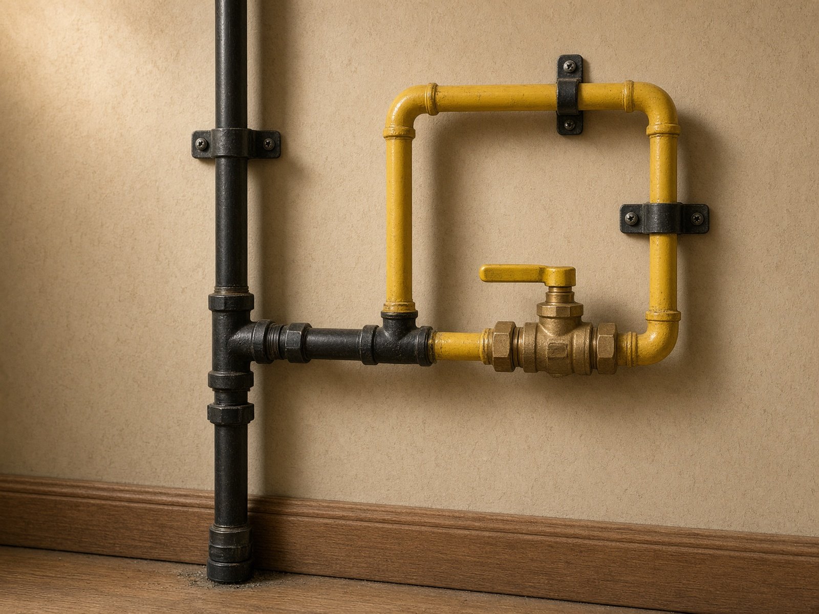 Black iron and yellow-jacketed gas piping with a shutoff