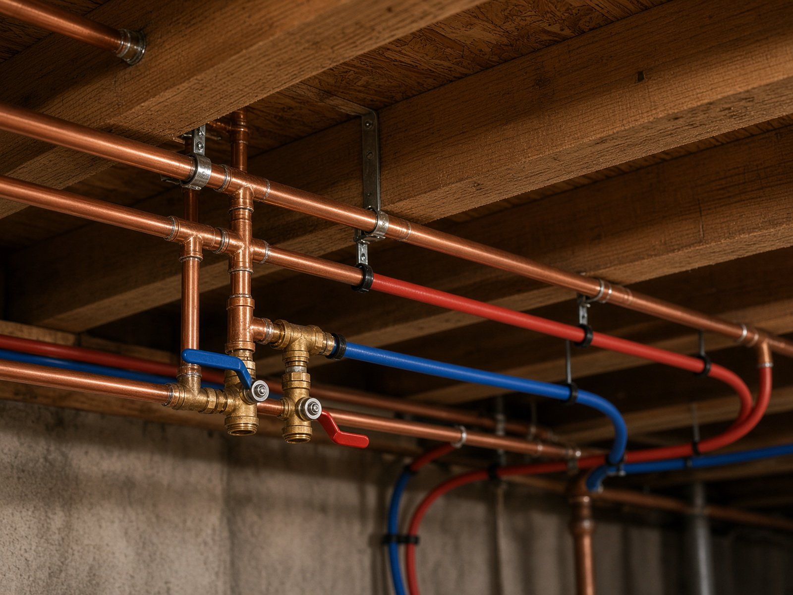 Copper and PEX piping run along basement joists