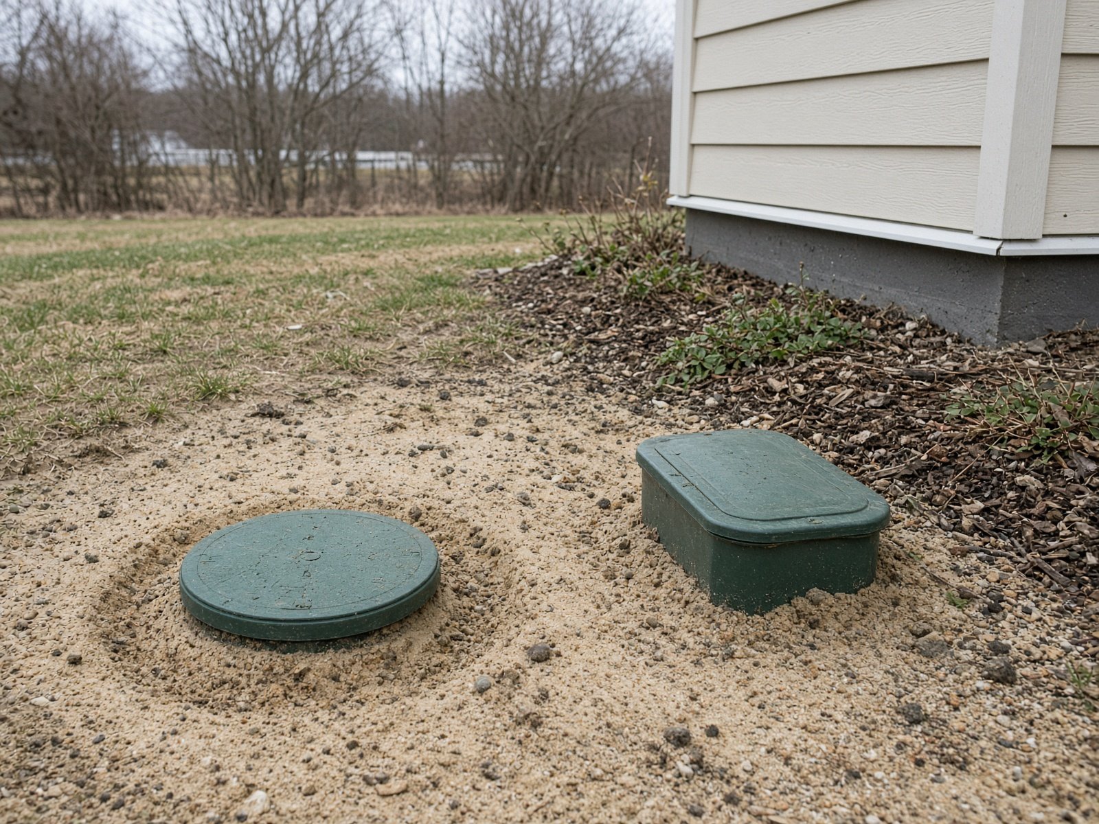 Outdoor sewer cleanout and water service at a house foundation