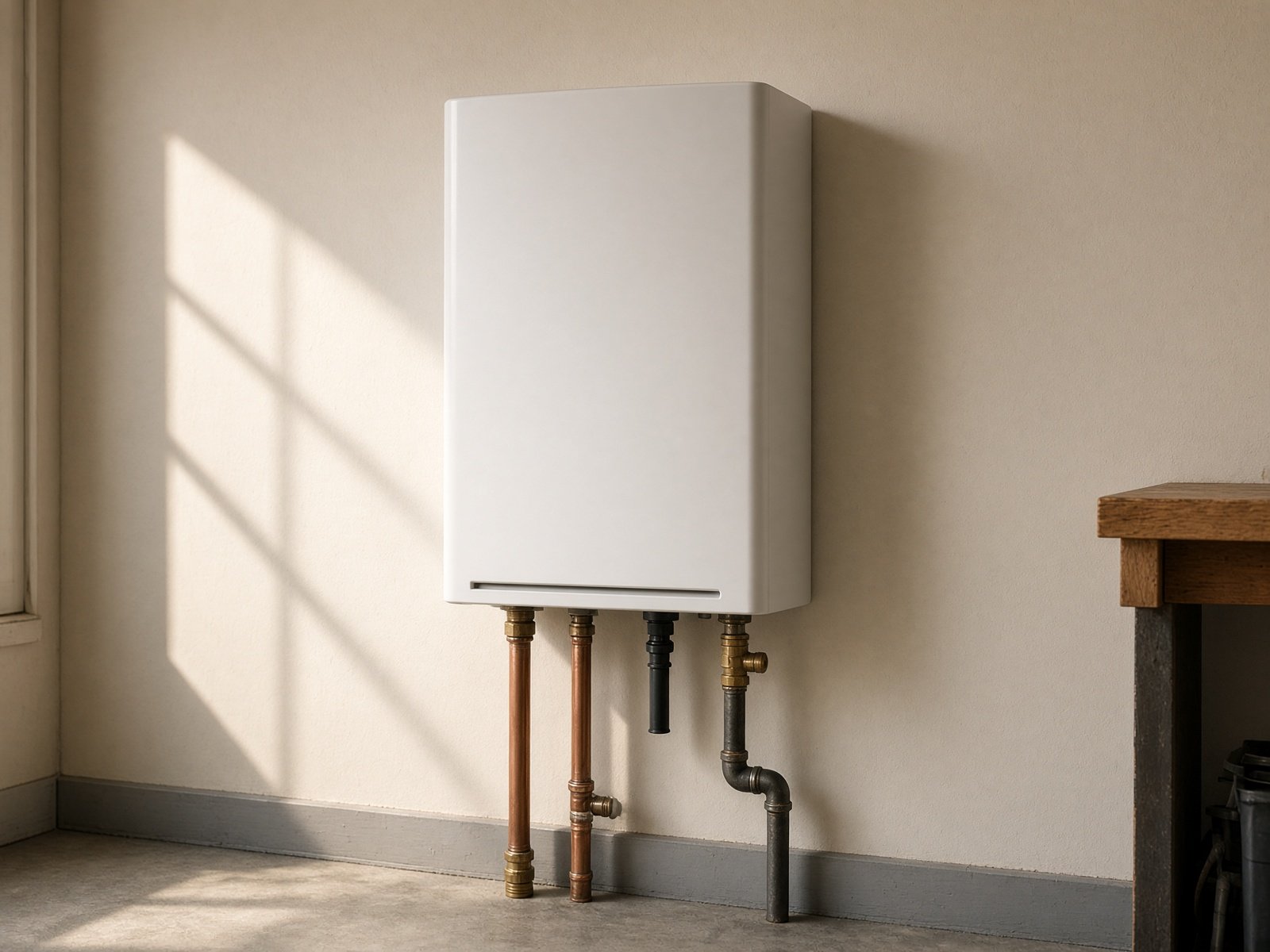 Tankless water heater with copper lines on a utility-room wall